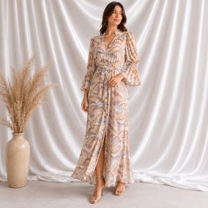 Vestido estampado en tonos arena con cinturon ajustable
