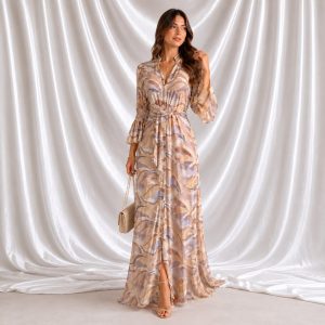 Vestido estampado en tonos arena con cinturon ajustable