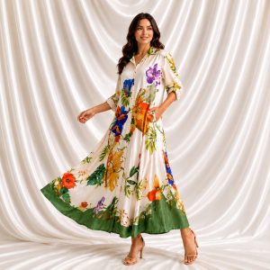 Vestido maxi camisero tropical multicolor