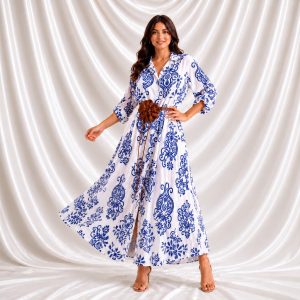 Vestido maxi camisero estampado azul