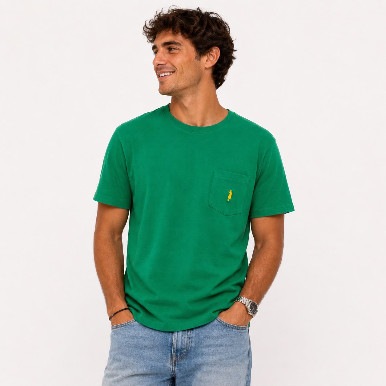 Playera básica verde de algodón con bolsillos