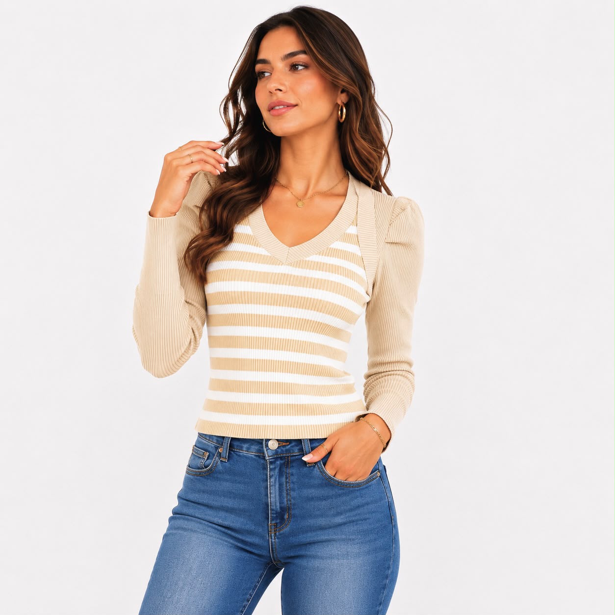 Blusa de rayas con escote en V y manga larga - Imagen 4