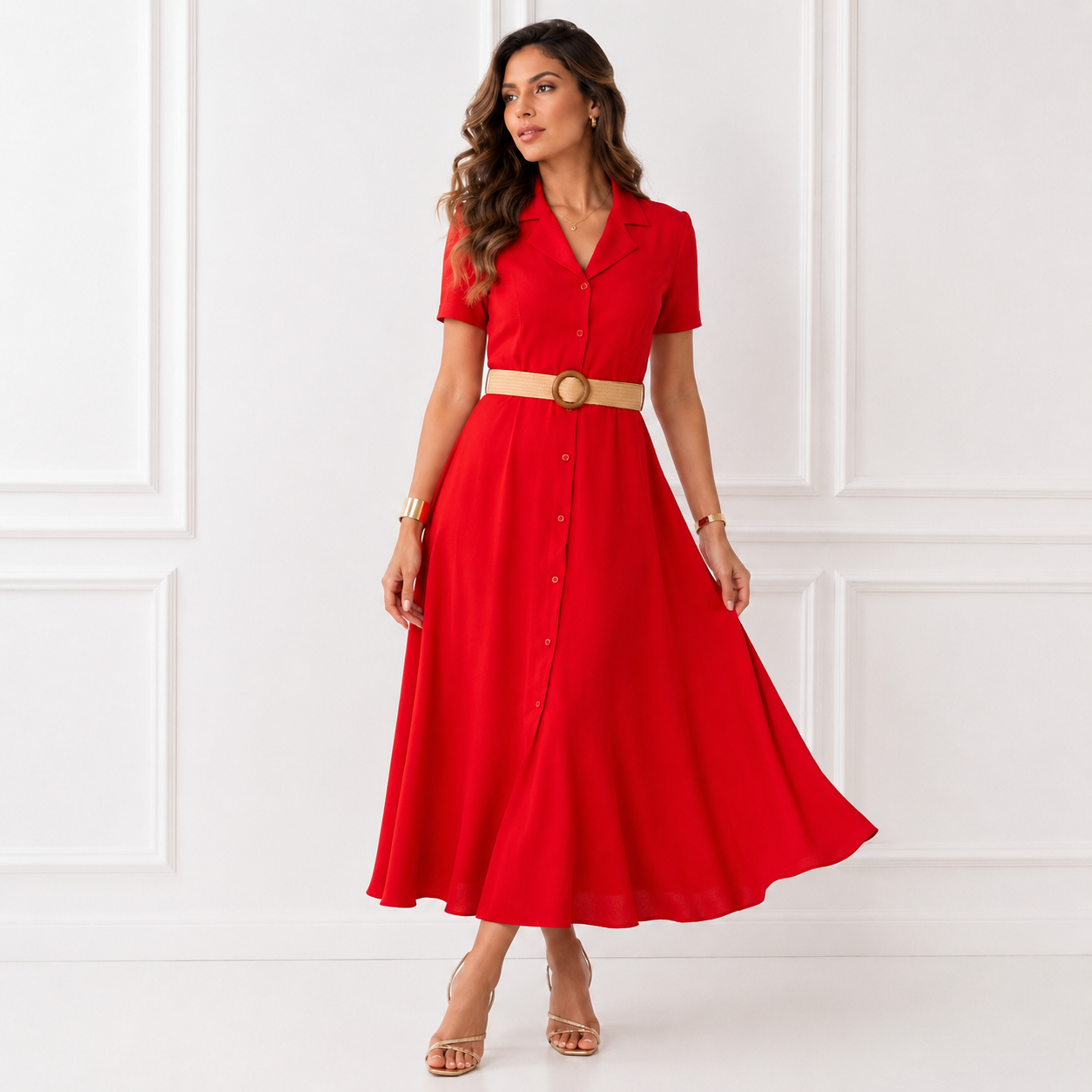 Vestido largo camisero rojo con cinturon