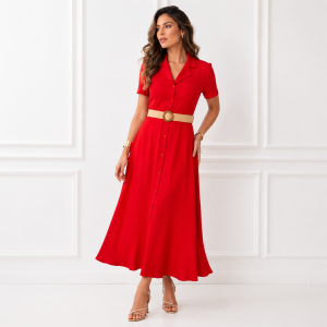 Vestido largo camisero rojo con cinturon