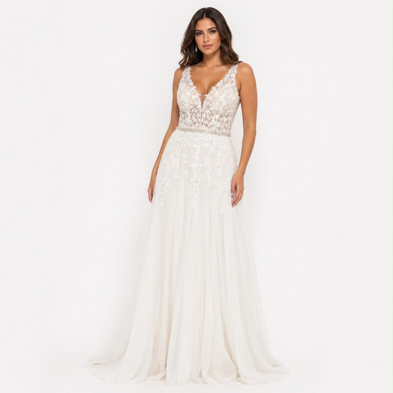 Elegante vestido de gala color perla